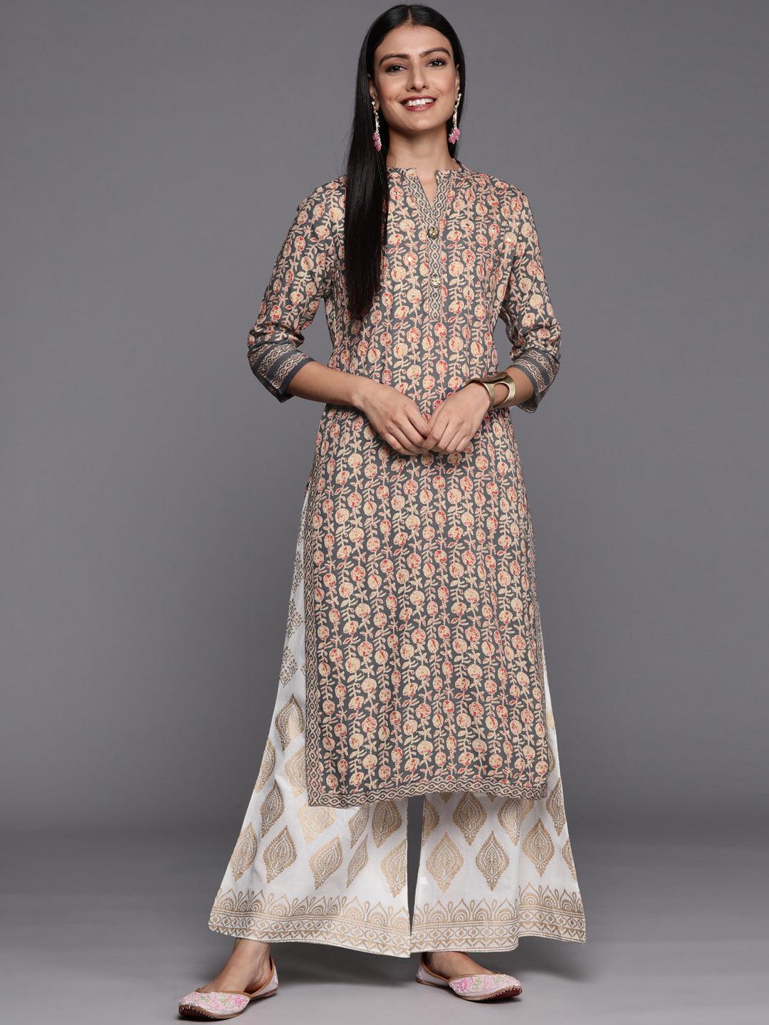 Grey Printed Rayon Straight Kurta