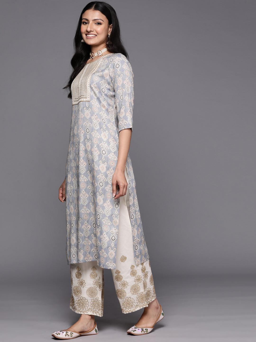 Grey Printed Rayon Straight Kurta