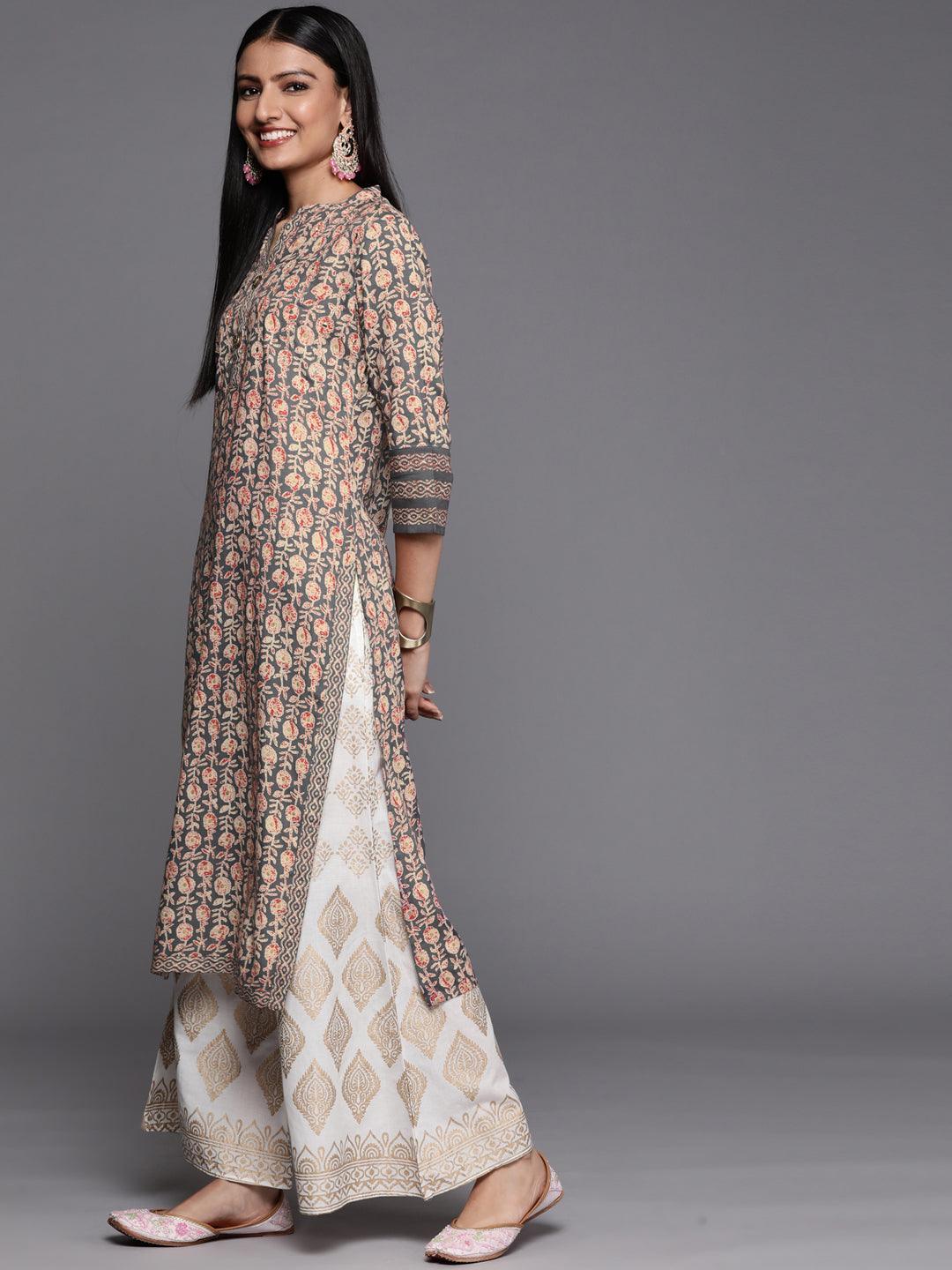 Grey Printed Rayon Straight Kurta