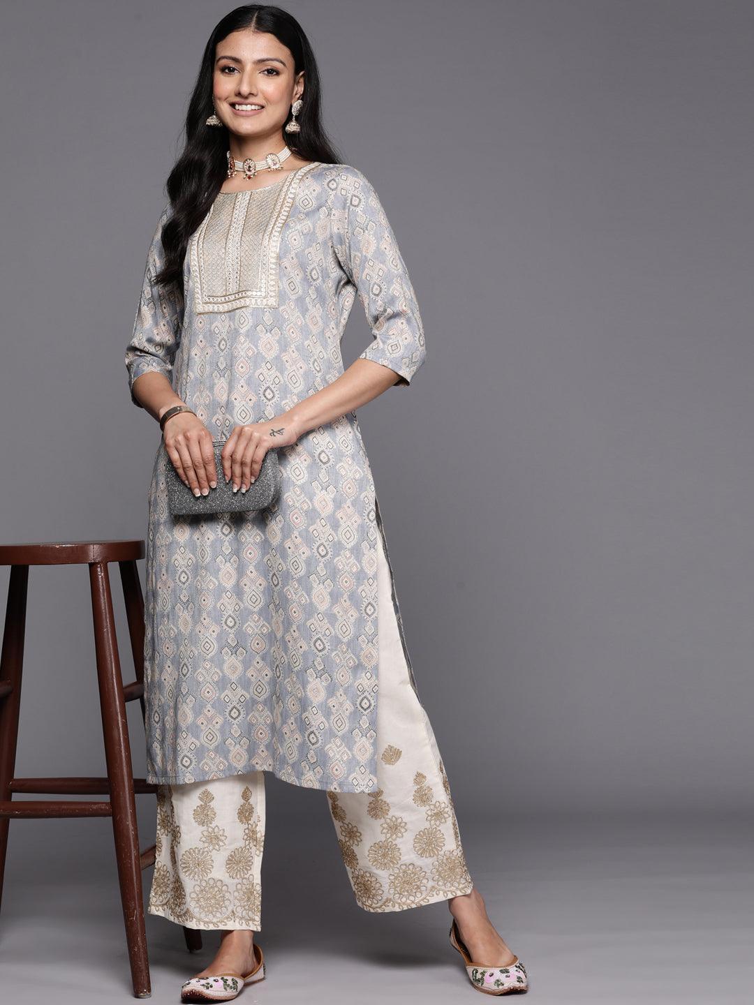 Grey Printed Rayon Straight Kurta