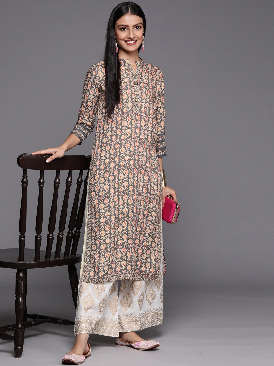 Grey Printed Rayon Straight Kurta