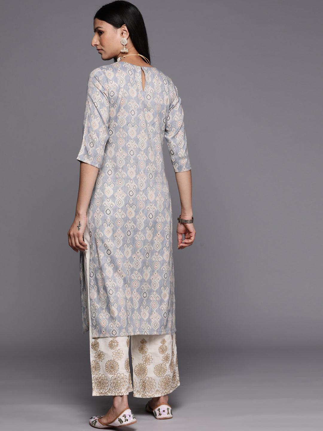 Grey Printed Rayon Straight Kurta