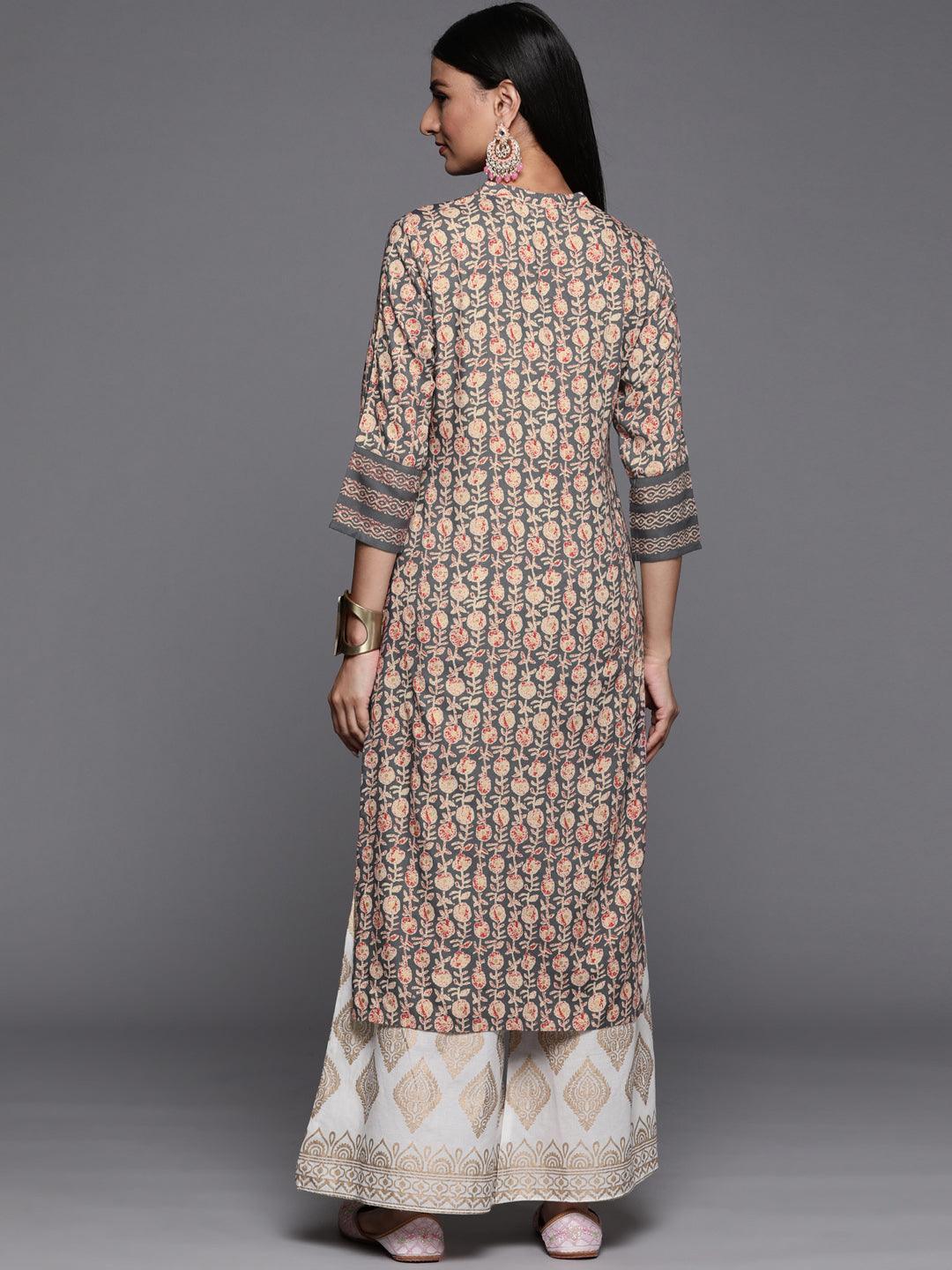 Grey Printed Rayon Straight Kurta