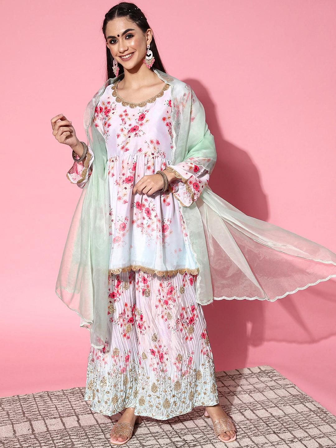 Grey Printed Satin Anarkali Suit Set