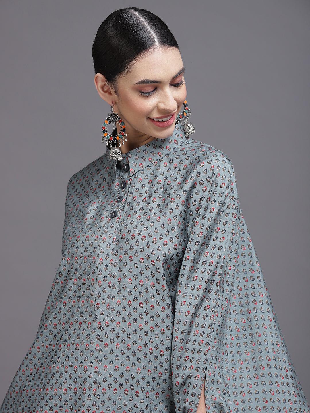 Grey Printed Silk Blend Kurta Set