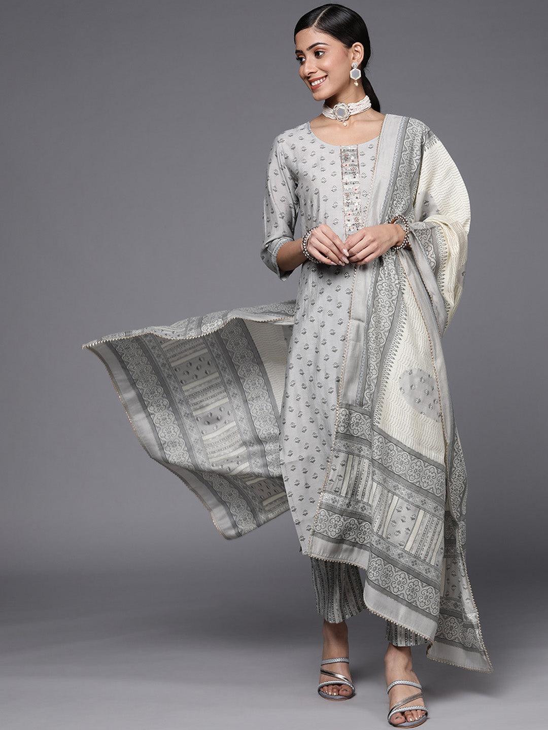 Grey Printed Silk Blend Straight Suit Set