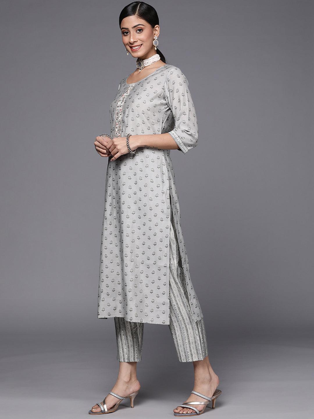 Grey Printed Silk Blend Straight Suit Set