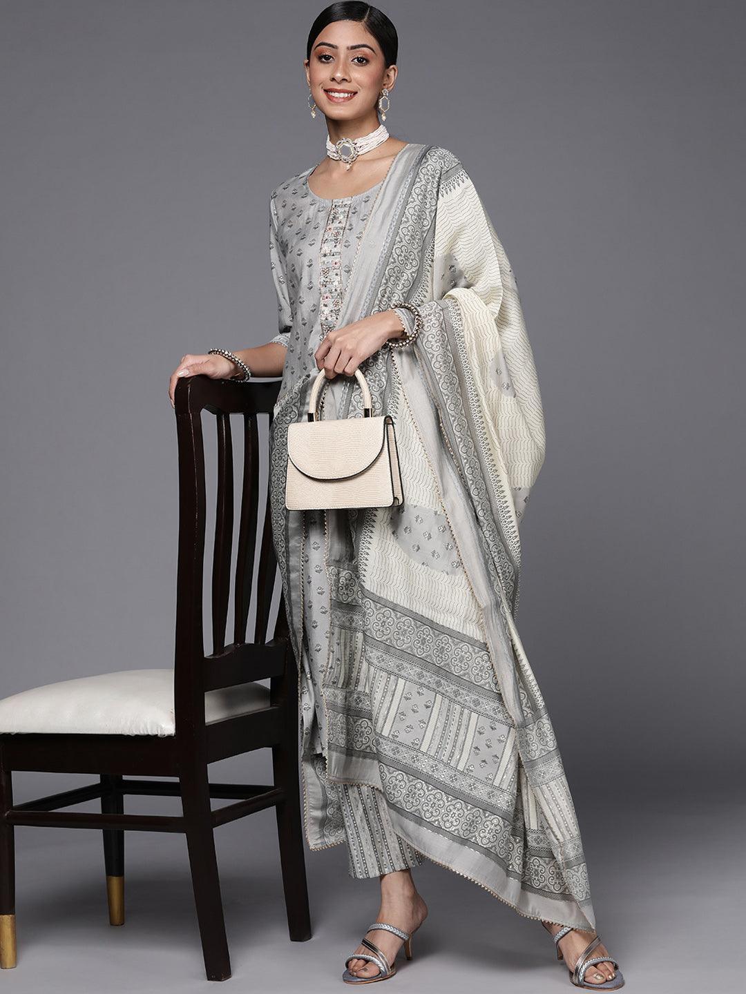 Grey Printed Silk Blend Straight Suit Set