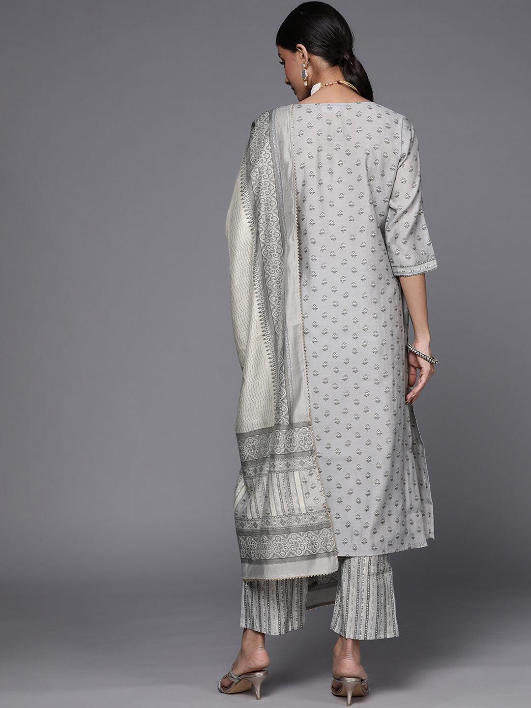 Grey Printed Silk Blend Straight Suit Set