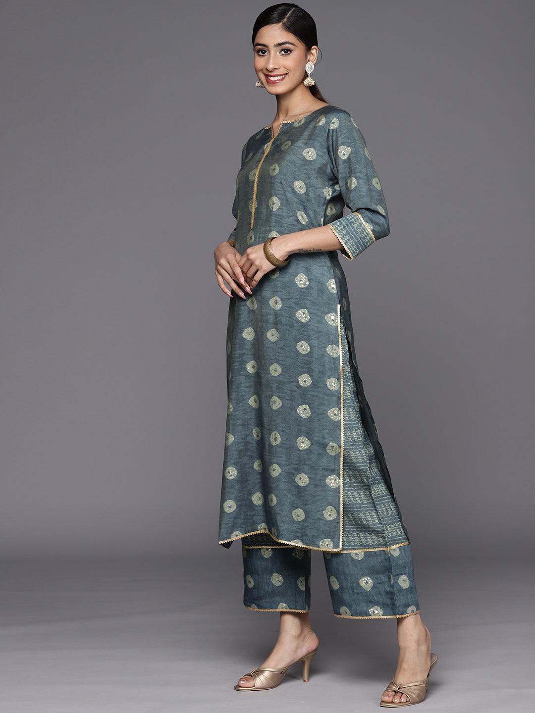 Grey Printed Silk Blend Straight Suit Set With Palazzos