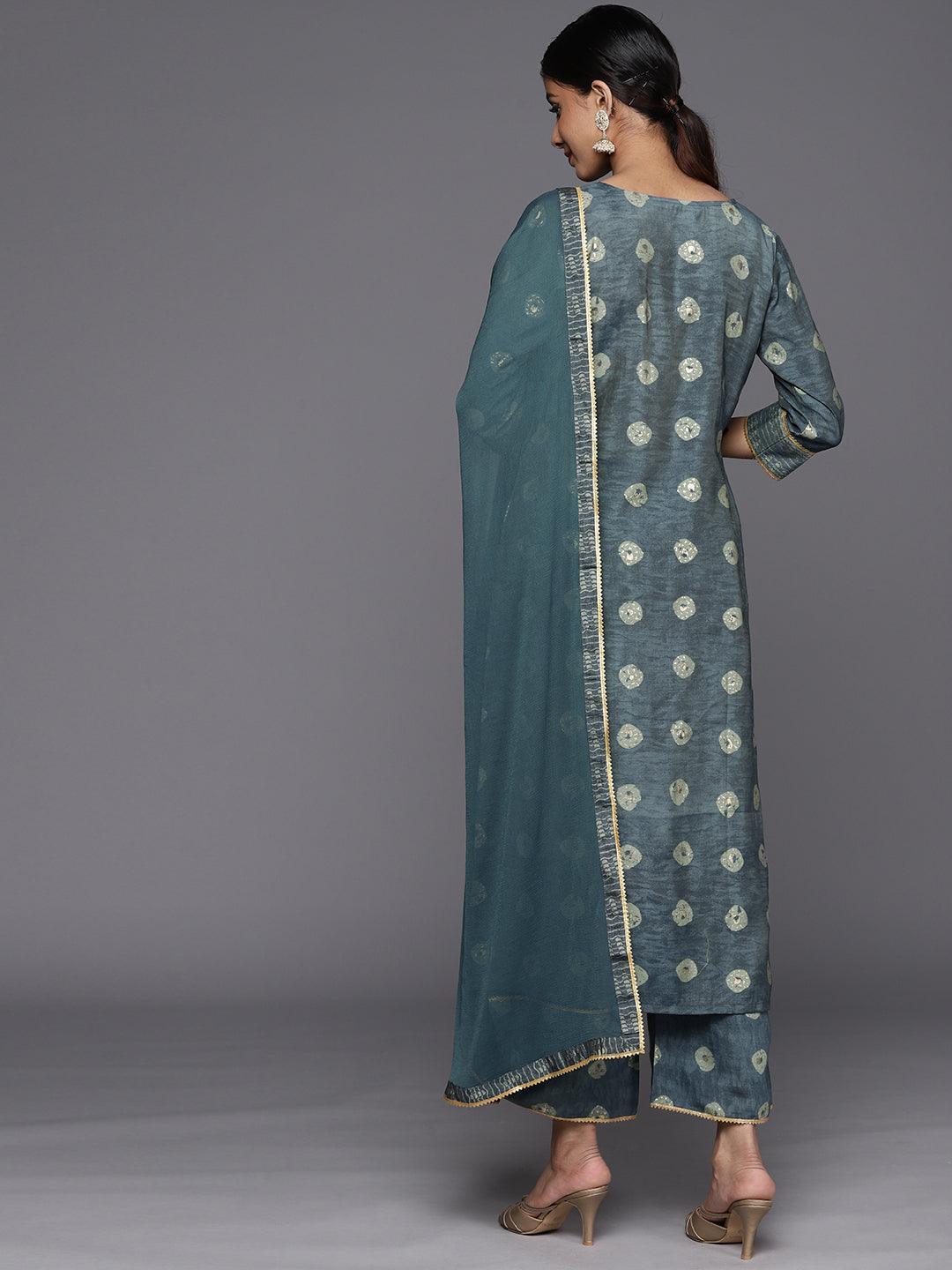 Grey Printed Silk Blend Straight Suit Set With Palazzos