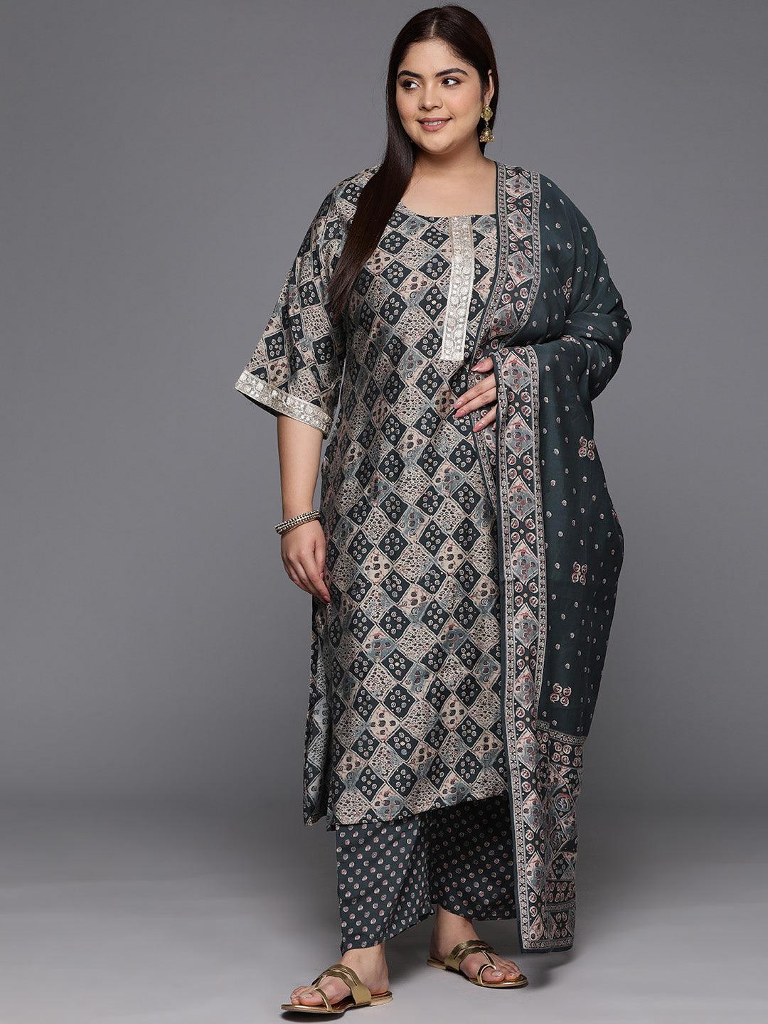 Plus Size Grey Printed Silk Blend Straight Suit With Dupatta