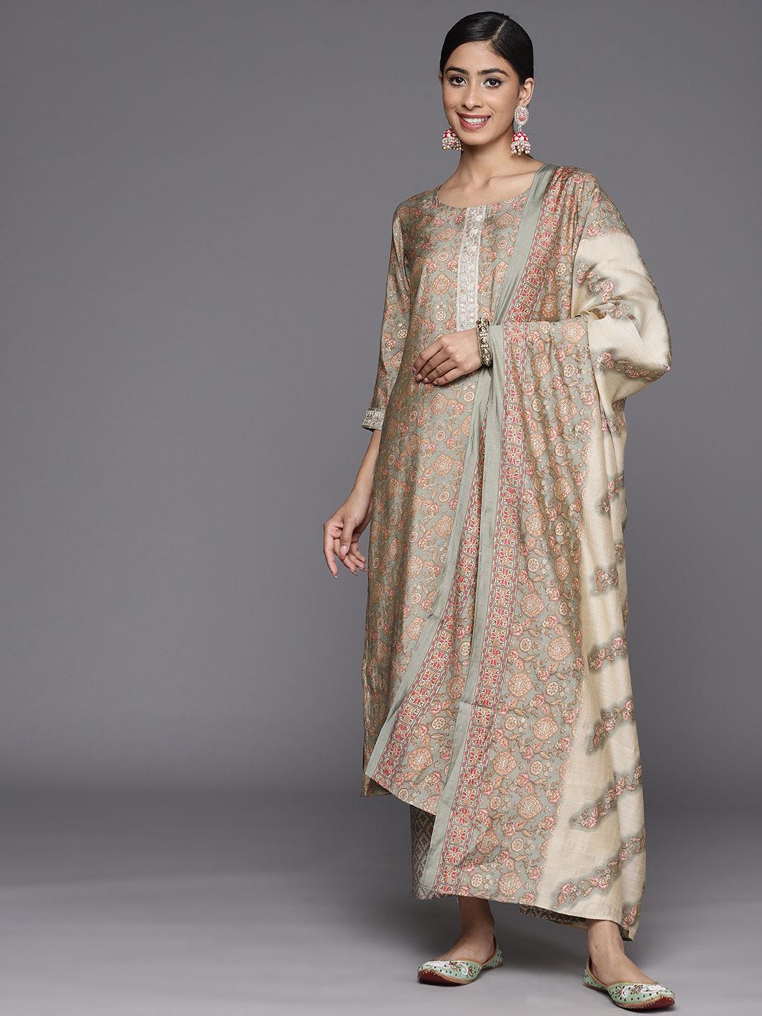 Grey Printed Silk Blend Straight Suit Set With Trousers - ShopLibas