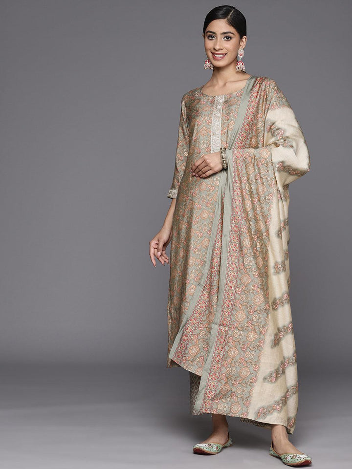 Grey Printed Silk Blend Straight Suit Set With Trousers - ShopLibas