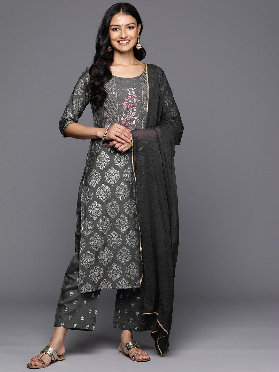 Grey Printed Silk Blend Straight Kurta With Trousers & Dupatta