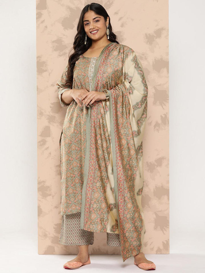 Grey Printed Silk Blend Straight Kurta With Trousers and Dupatta - Libas