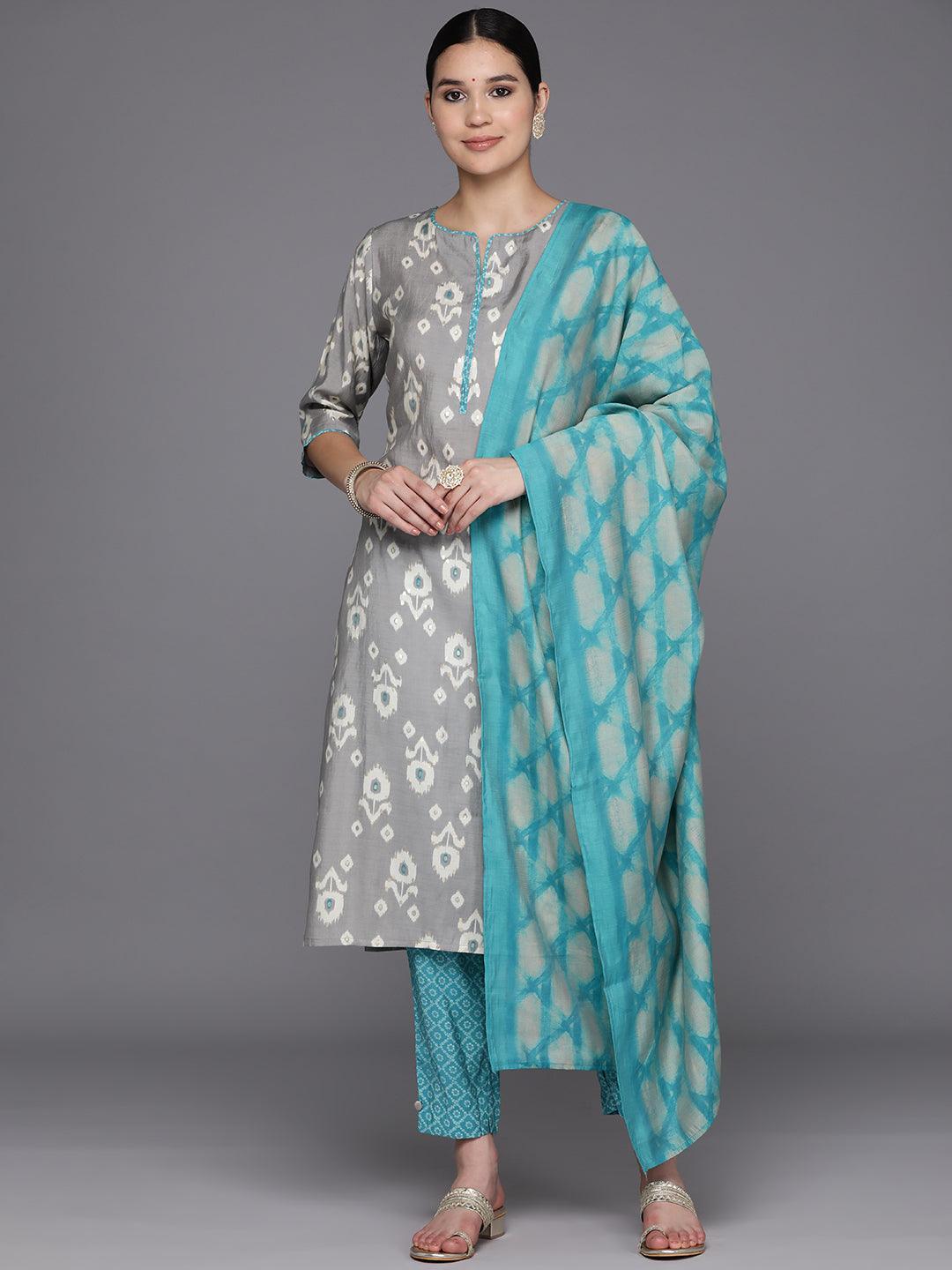 Grey Printed Silk Blend Straight Kurta With Trousers & Dupatta