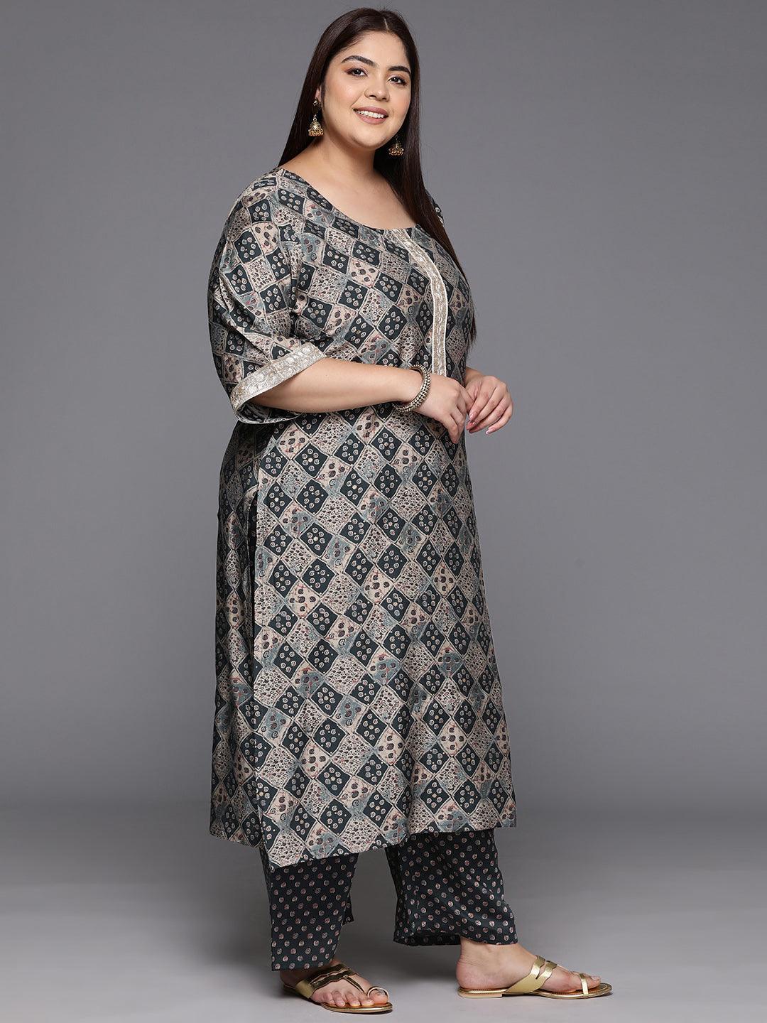 Plus Size Grey Printed Silk Blend Straight Suit With Dupatta