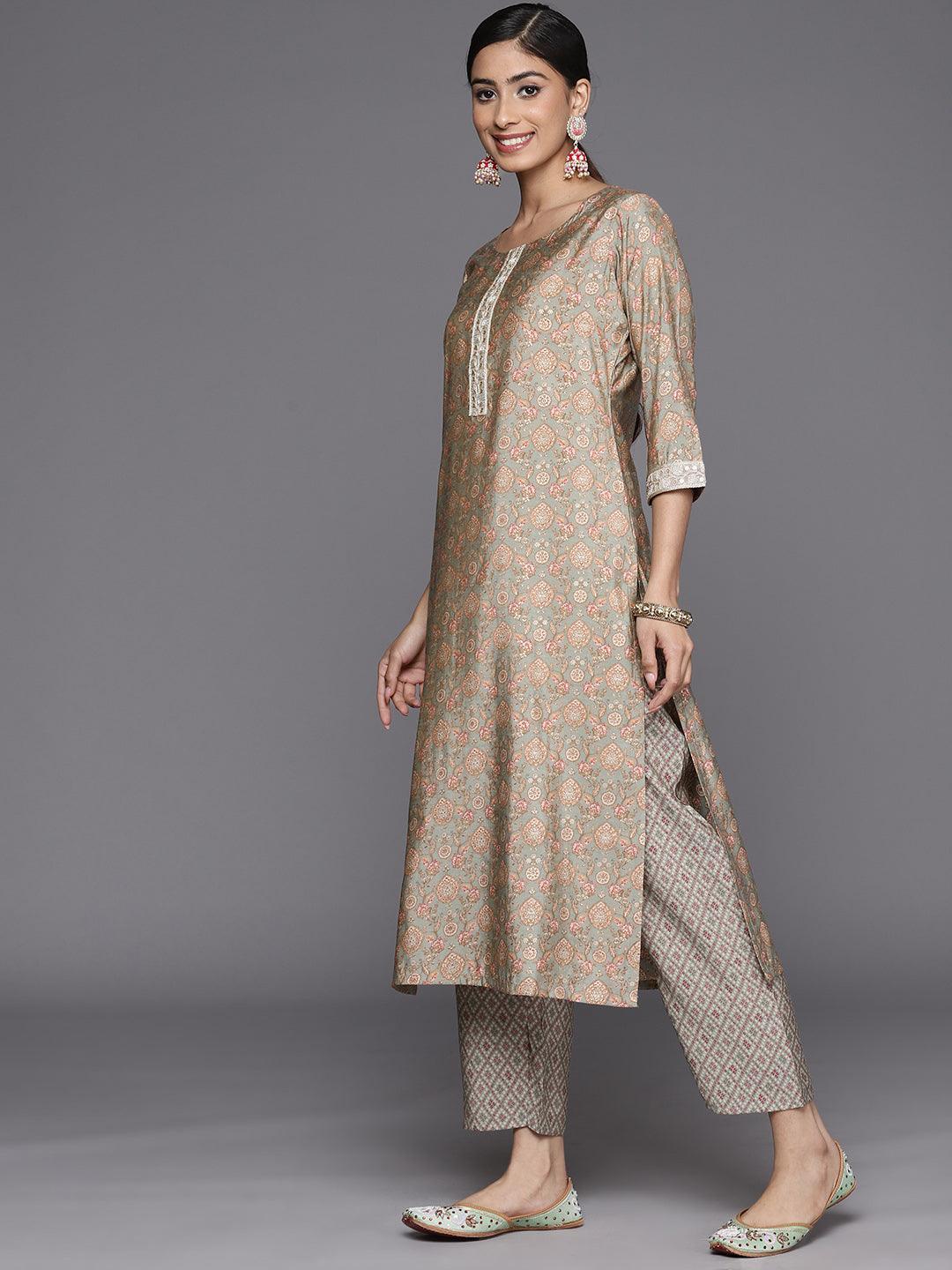 Grey Printed Silk Blend Straight Suit Set With Trousers - ShopLibas