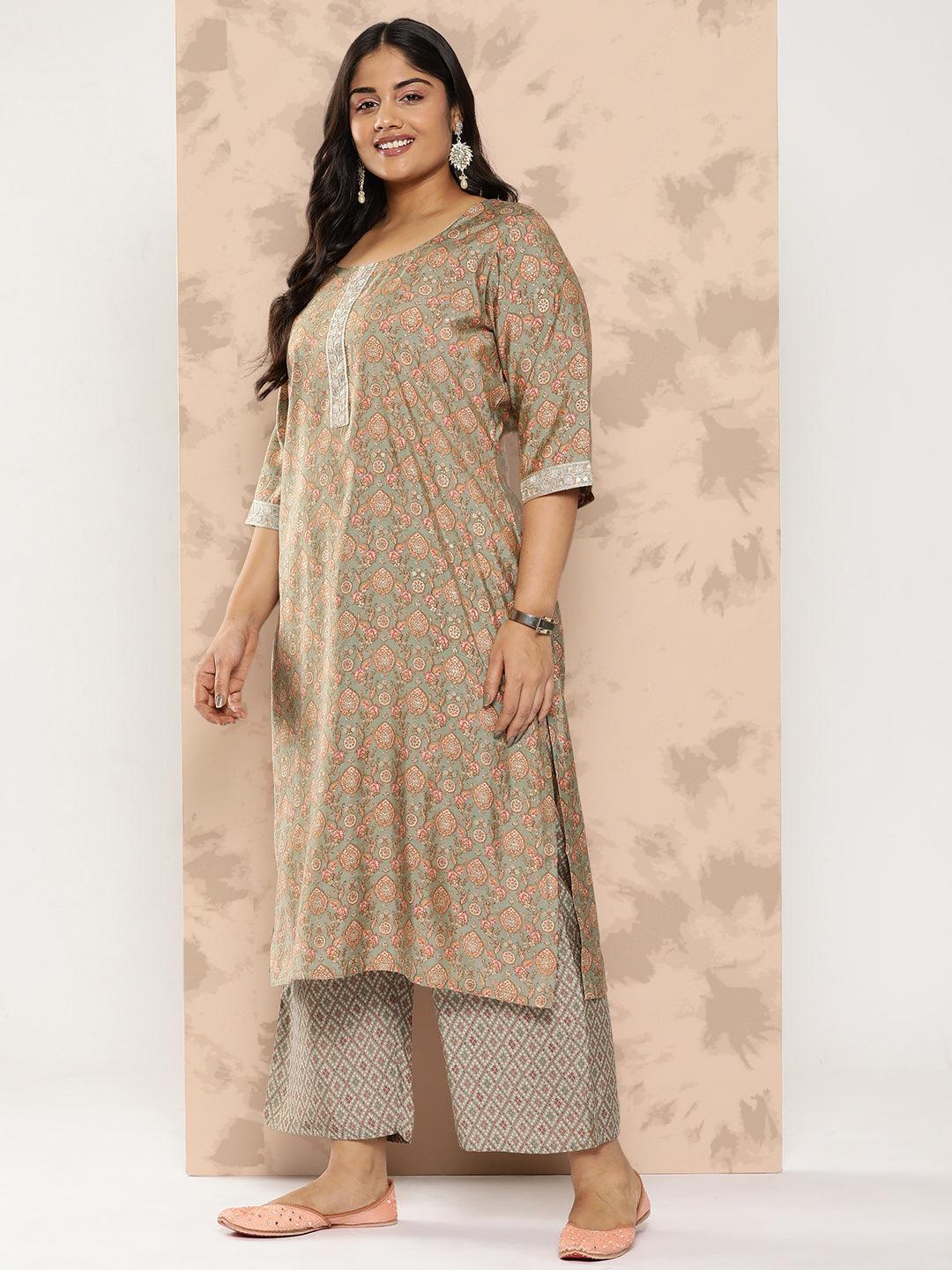 Grey Printed Silk Blend Straight Kurta With Trousers and Dupatta - Libas