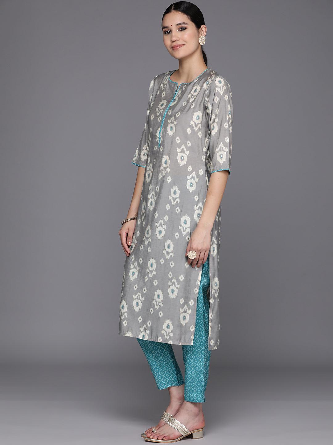 Grey Printed Silk Blend Straight Kurta With Trousers & Dupatta