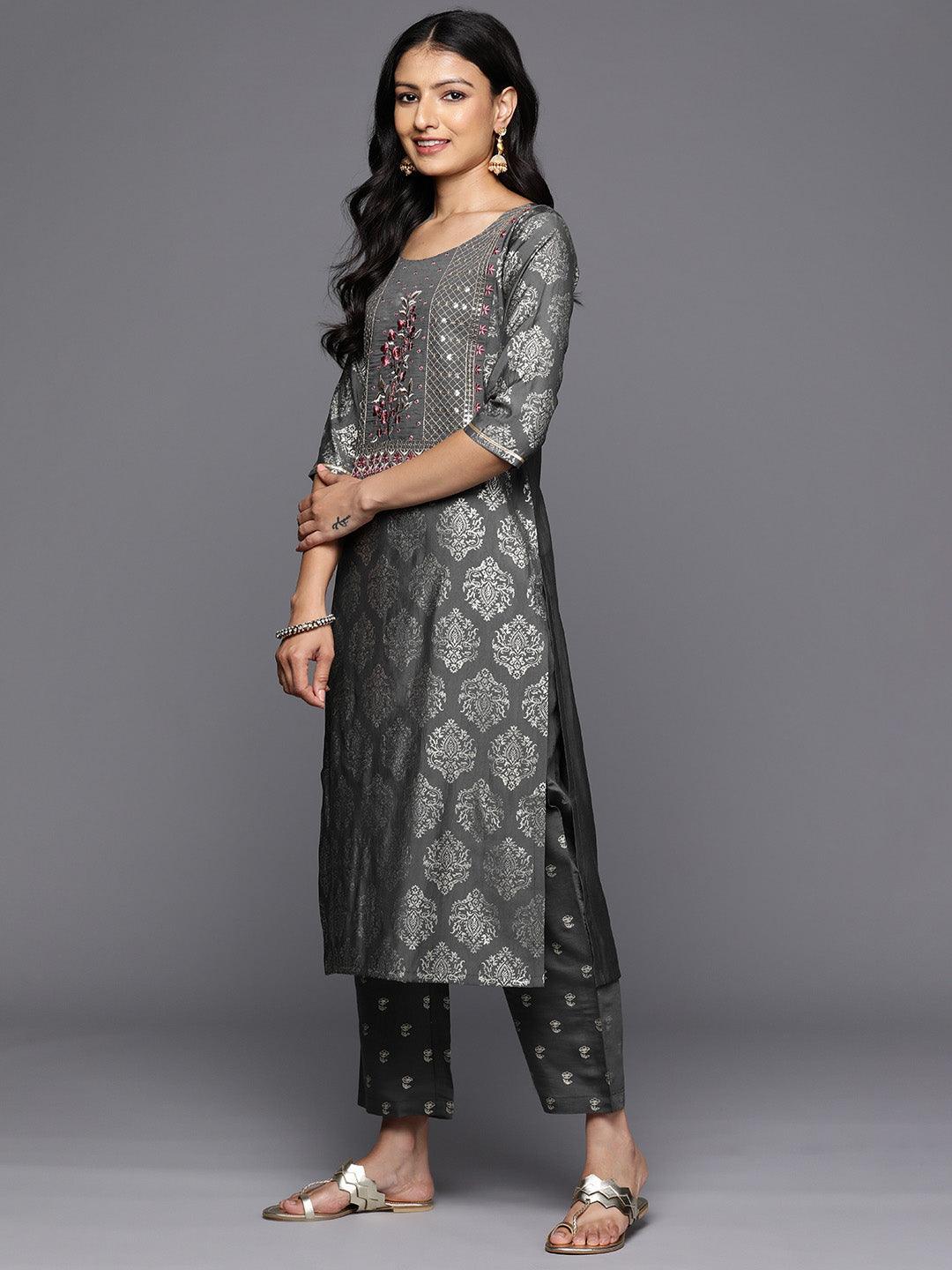 Grey Printed Silk Blend Straight Kurta With Trousers & Dupatta