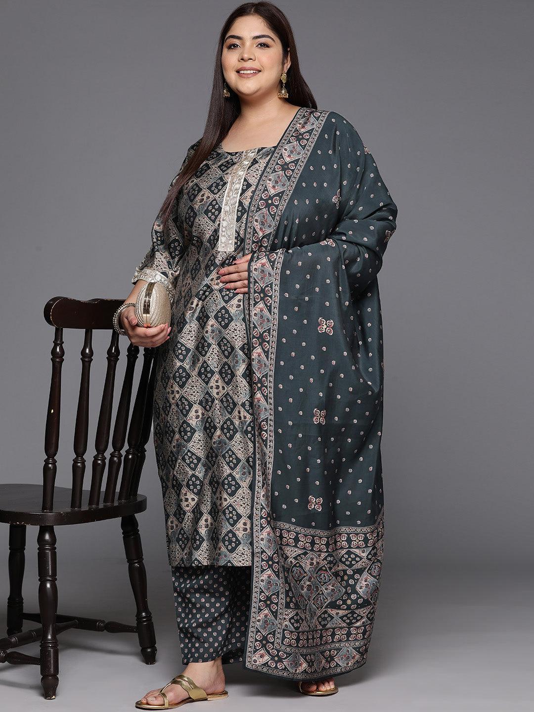 Plus Size Grey Printed Silk Blend Straight Suit With Dupatta