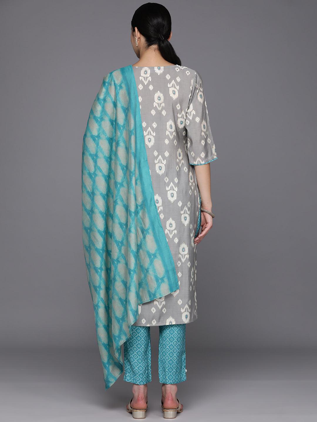 Grey Printed Silk Blend Straight Kurta With Trousers & Dupatta