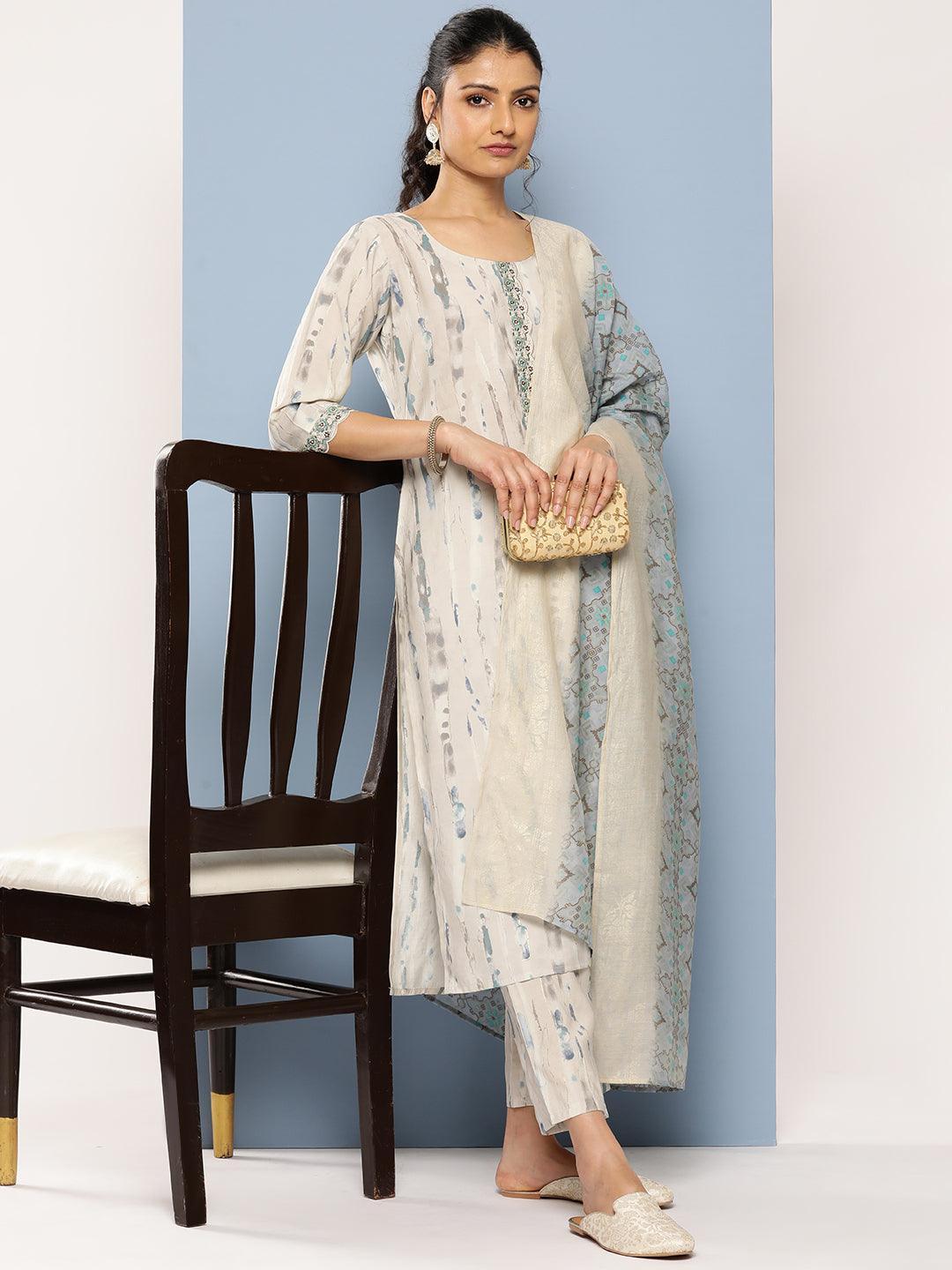 Grey Printed Silk Blend Straight Suit Set With Trousers - Libas