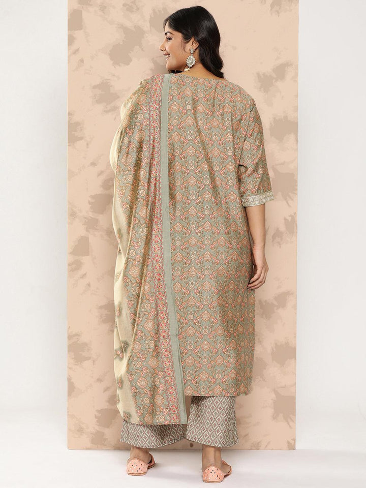 Grey Printed Silk Blend Straight Kurta With Trousers and Dupatta - Libas