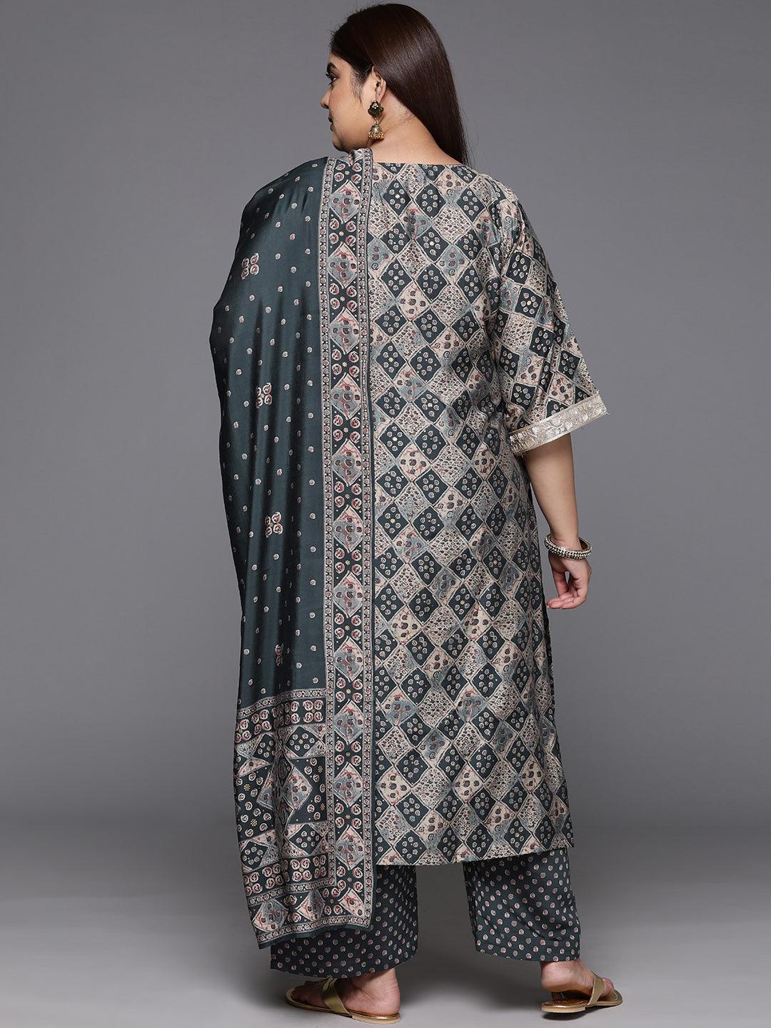 Plus Size Grey Printed Silk Blend Straight Suit With Dupatta