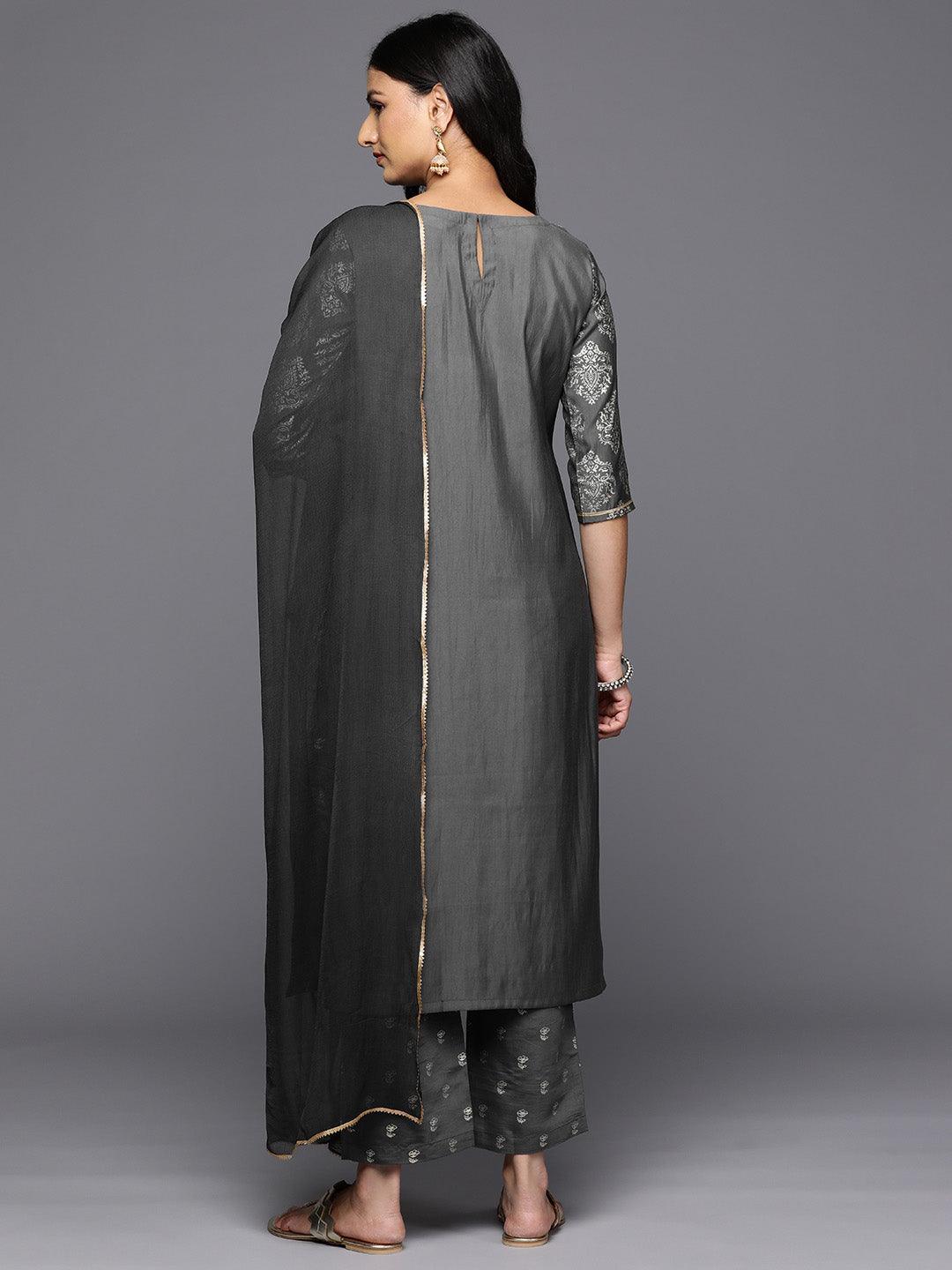 Grey Printed Silk Blend Straight Kurta With Trousers & Dupatta