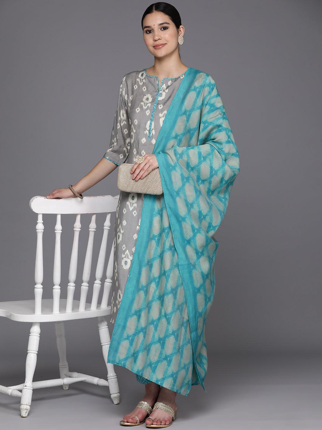 Grey Printed Silk Blend Straight Kurta With Trousers & Dupatta