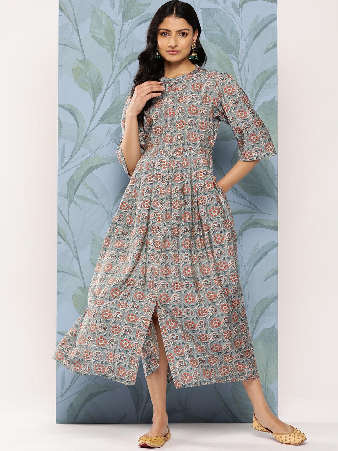 Grey Printed Silk Fit and Flare Dress - Libas