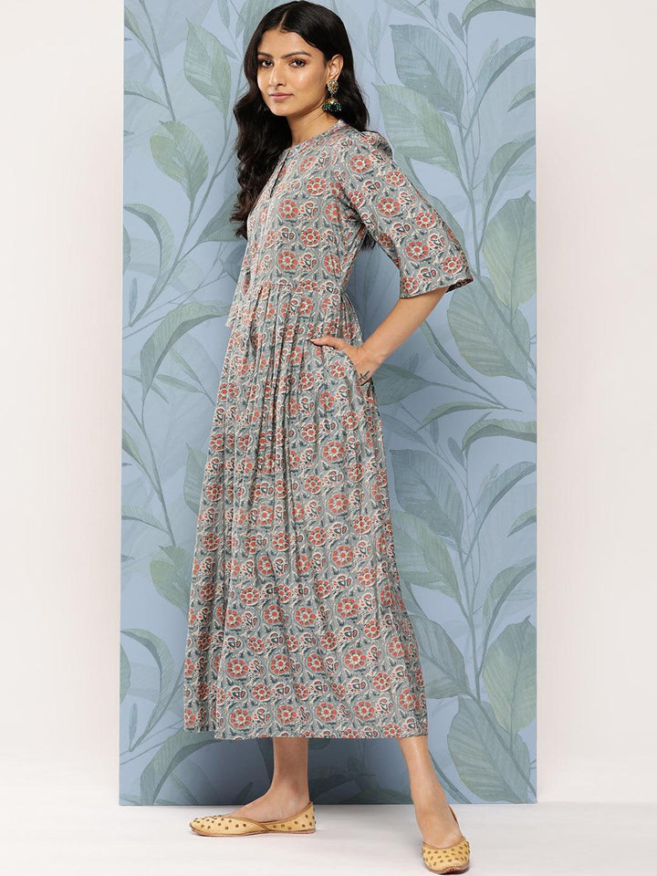 Grey Printed Silk Fit and Flare Dress - Libas