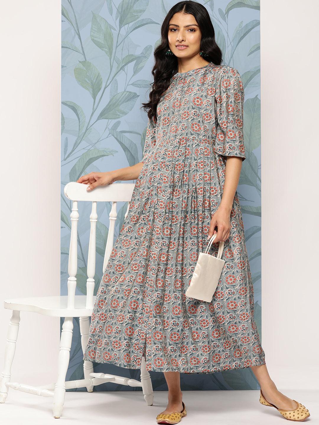 Grey Printed Silk Fit and Flare Dress - Libas