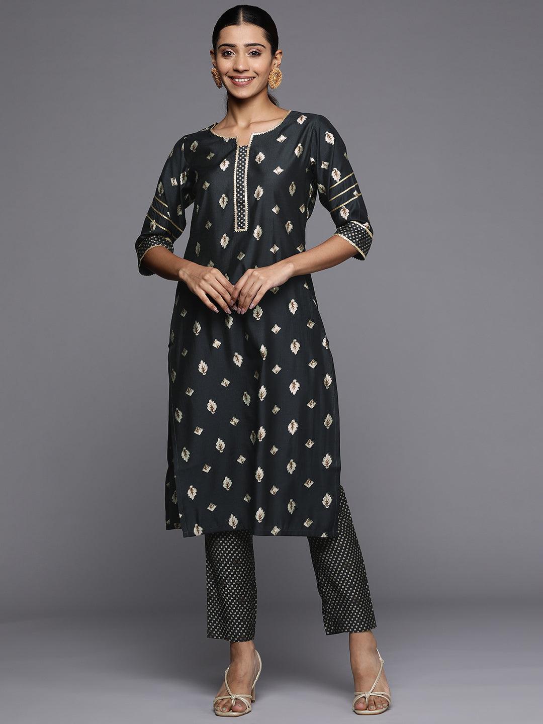 Grey Printed Silk Straight Kurta