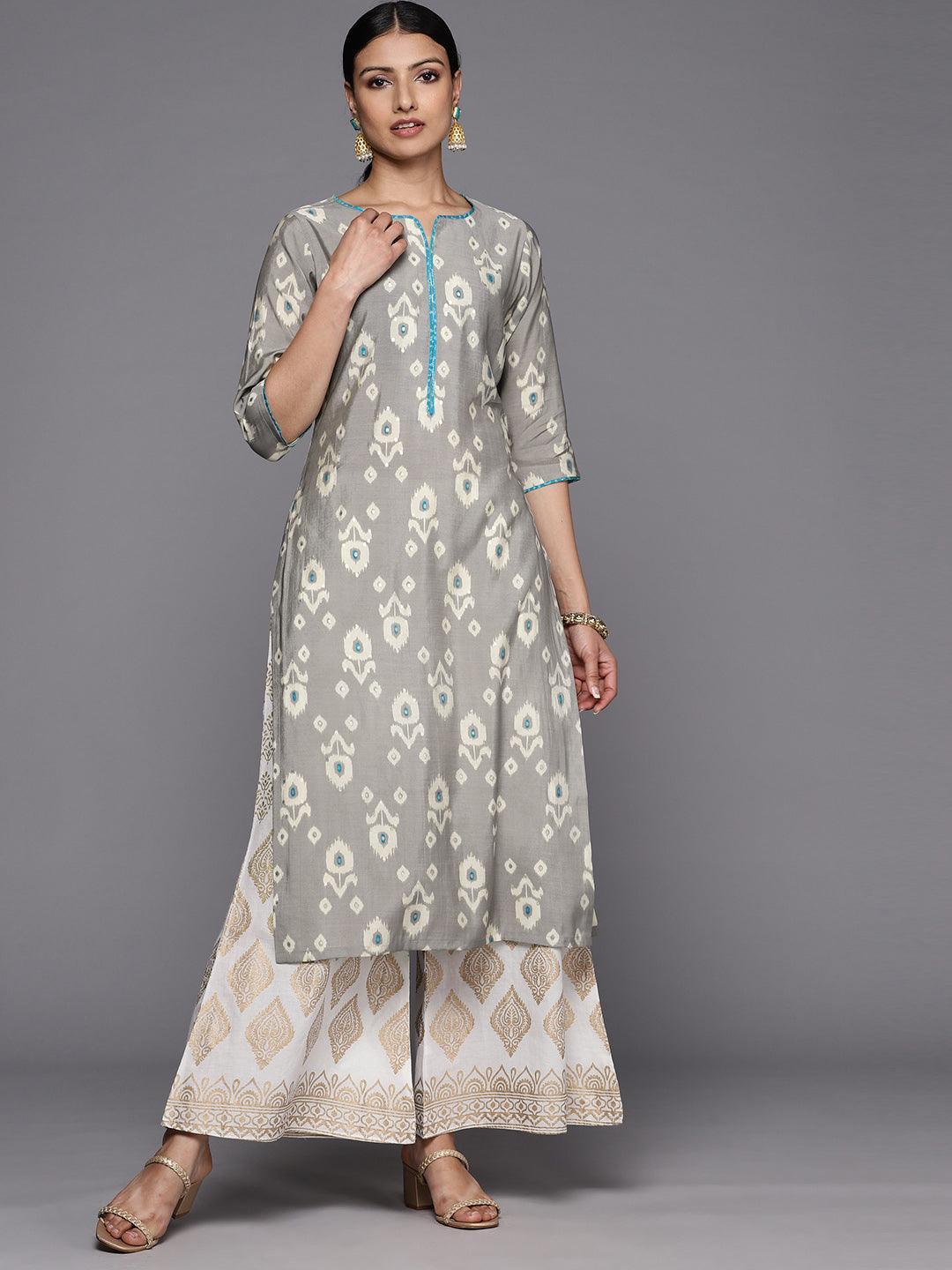 Grey Printed Silk Straight Kurta