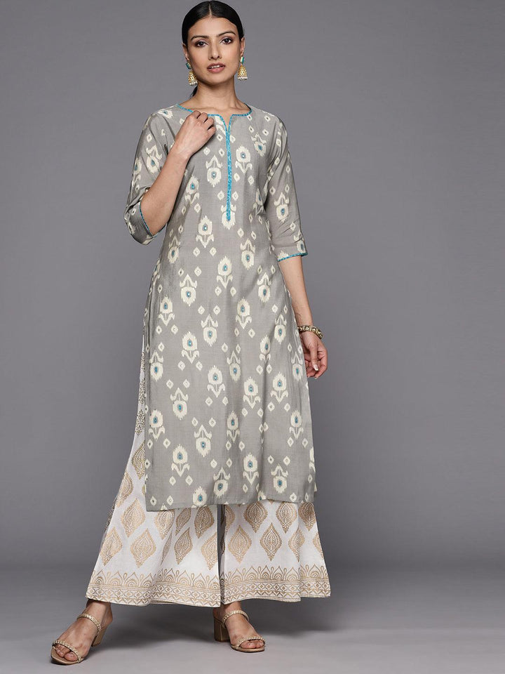 Grey Printed Silk Straight Kurta - ShopLibas