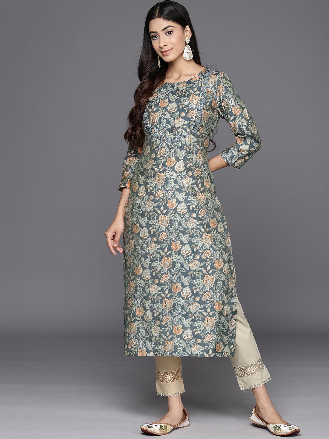 Grey Printed Silk Straight Kurta