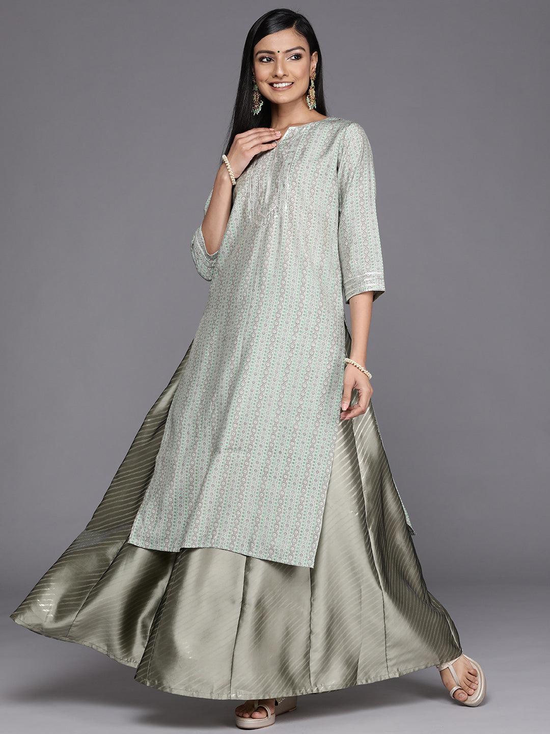 Grey Printed Silk Straight Kurta