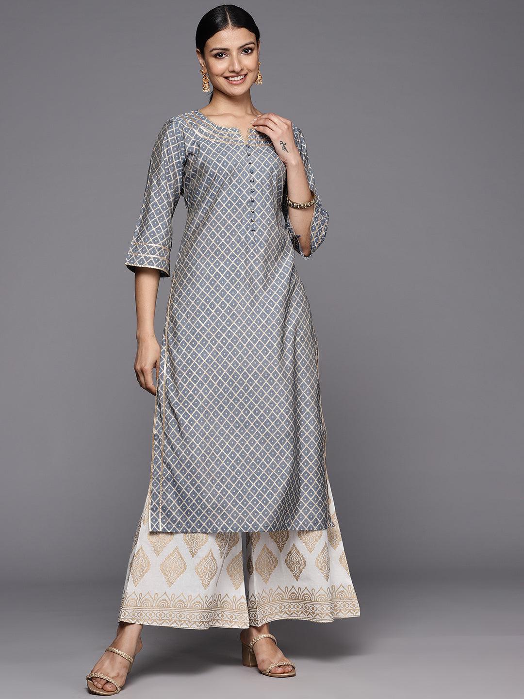 Grey Printed Silk Straight Kurta - ShopLibas