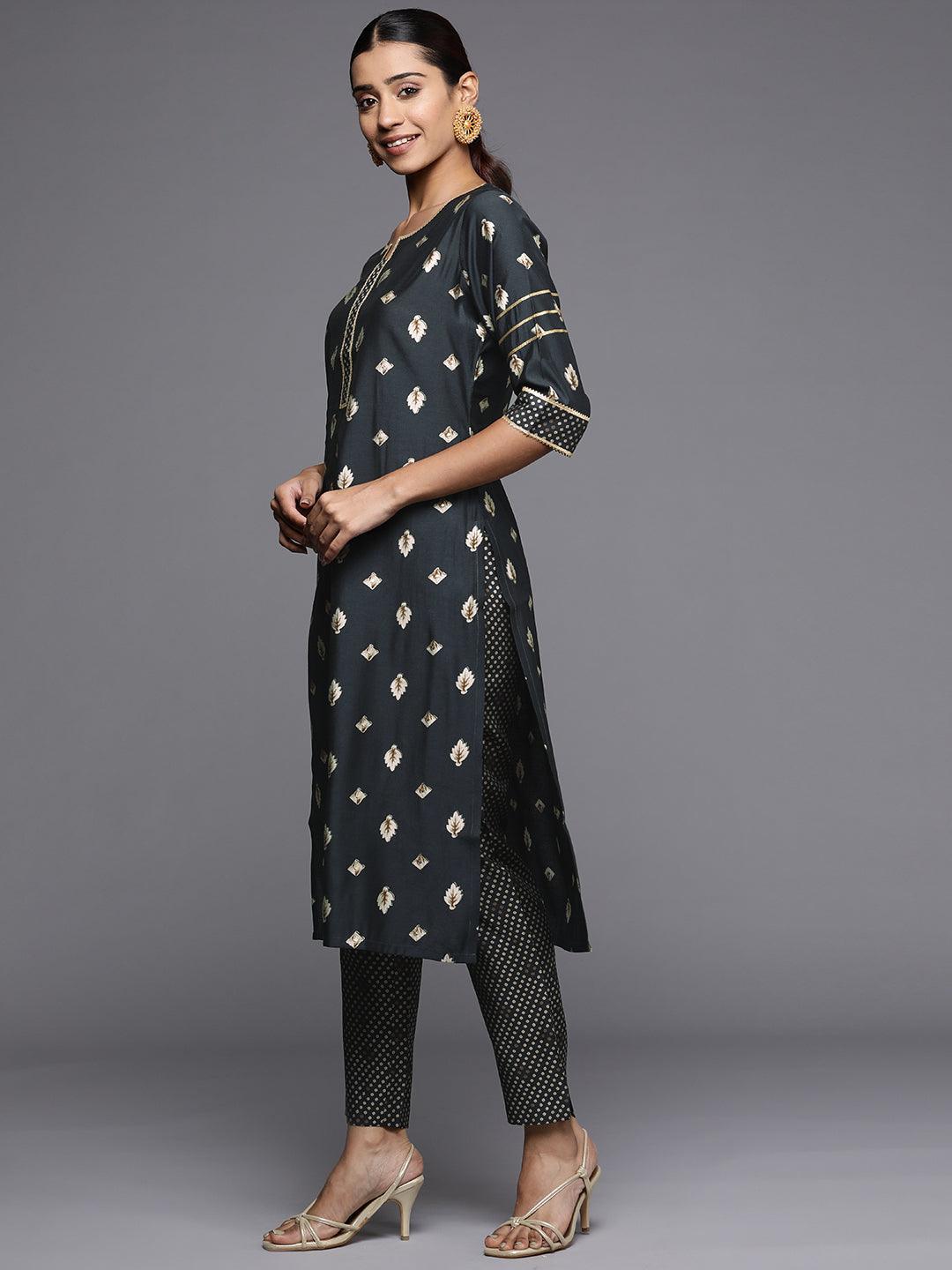 Grey Printed Silk Straight Kurta