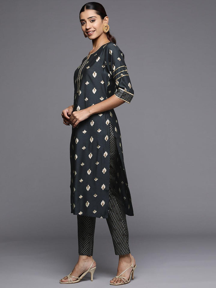 Grey Printed Silk Straight Kurta - ShopLibas