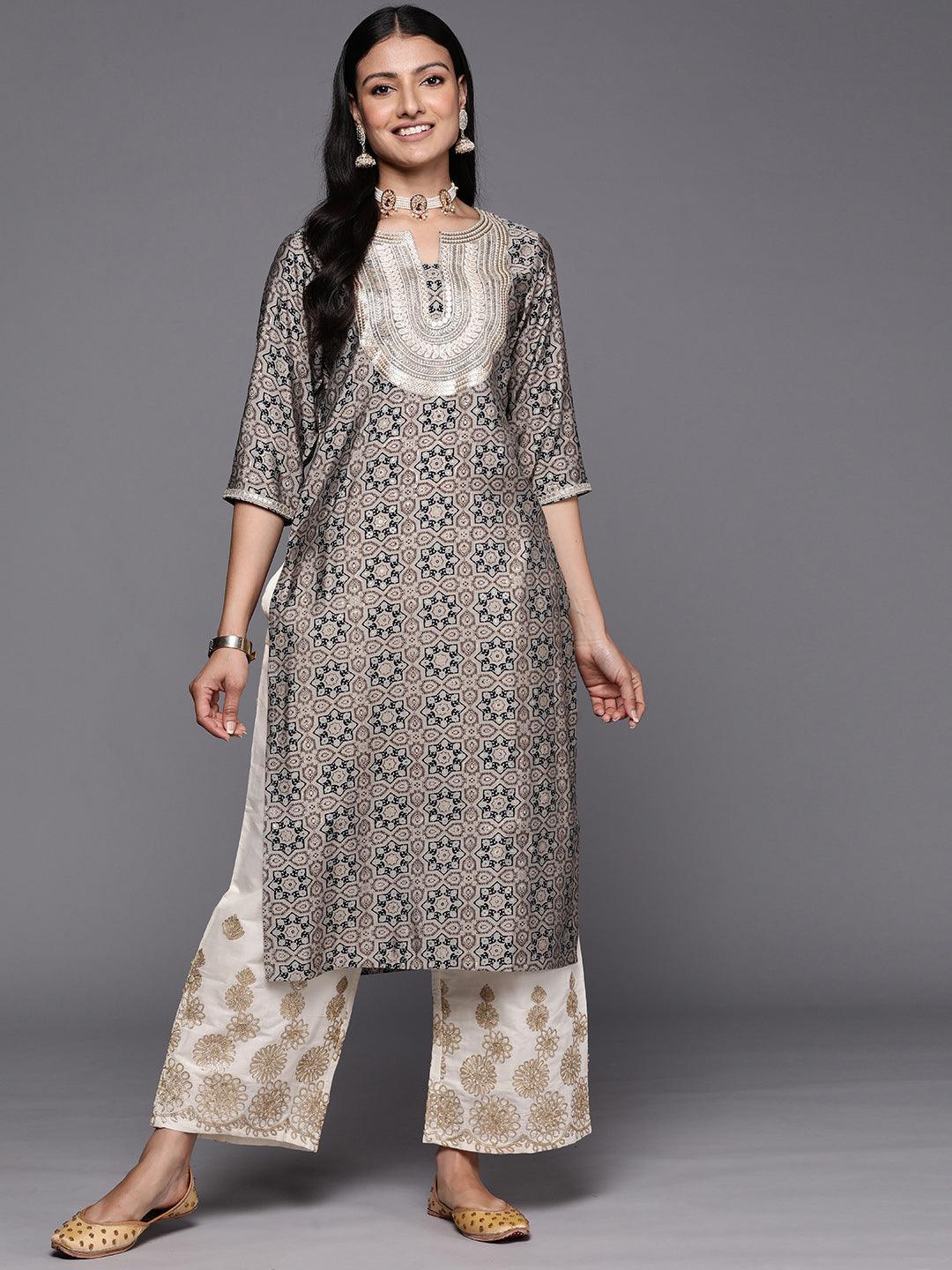 Grey Printed Silk Straight Kurta