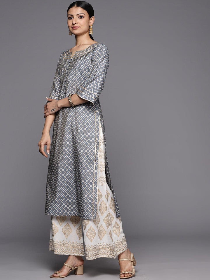 Grey Printed Silk Straight Kurta - ShopLibas