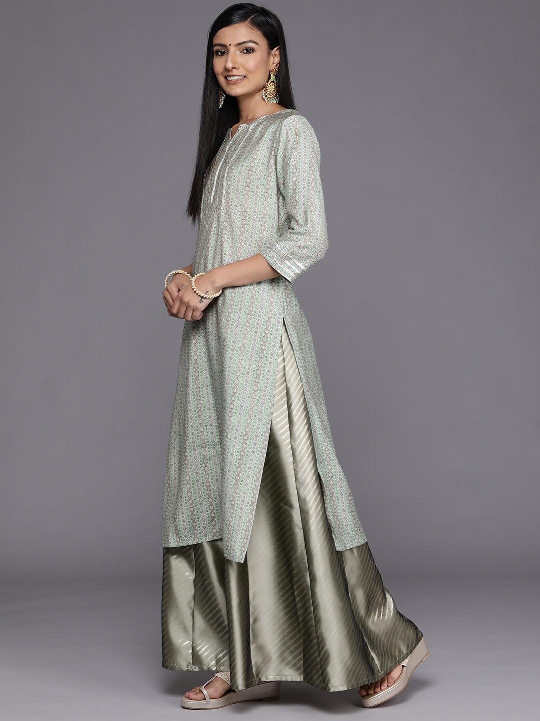 Grey Printed Silk Straight Kurta