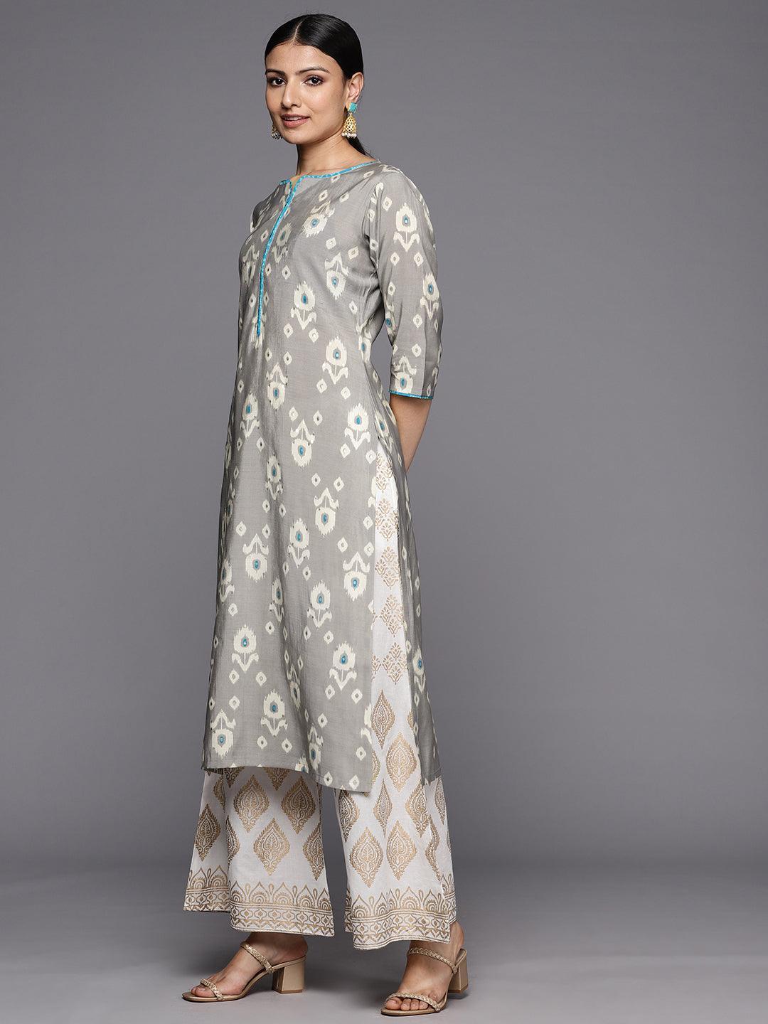 Grey Printed Silk Straight Kurta