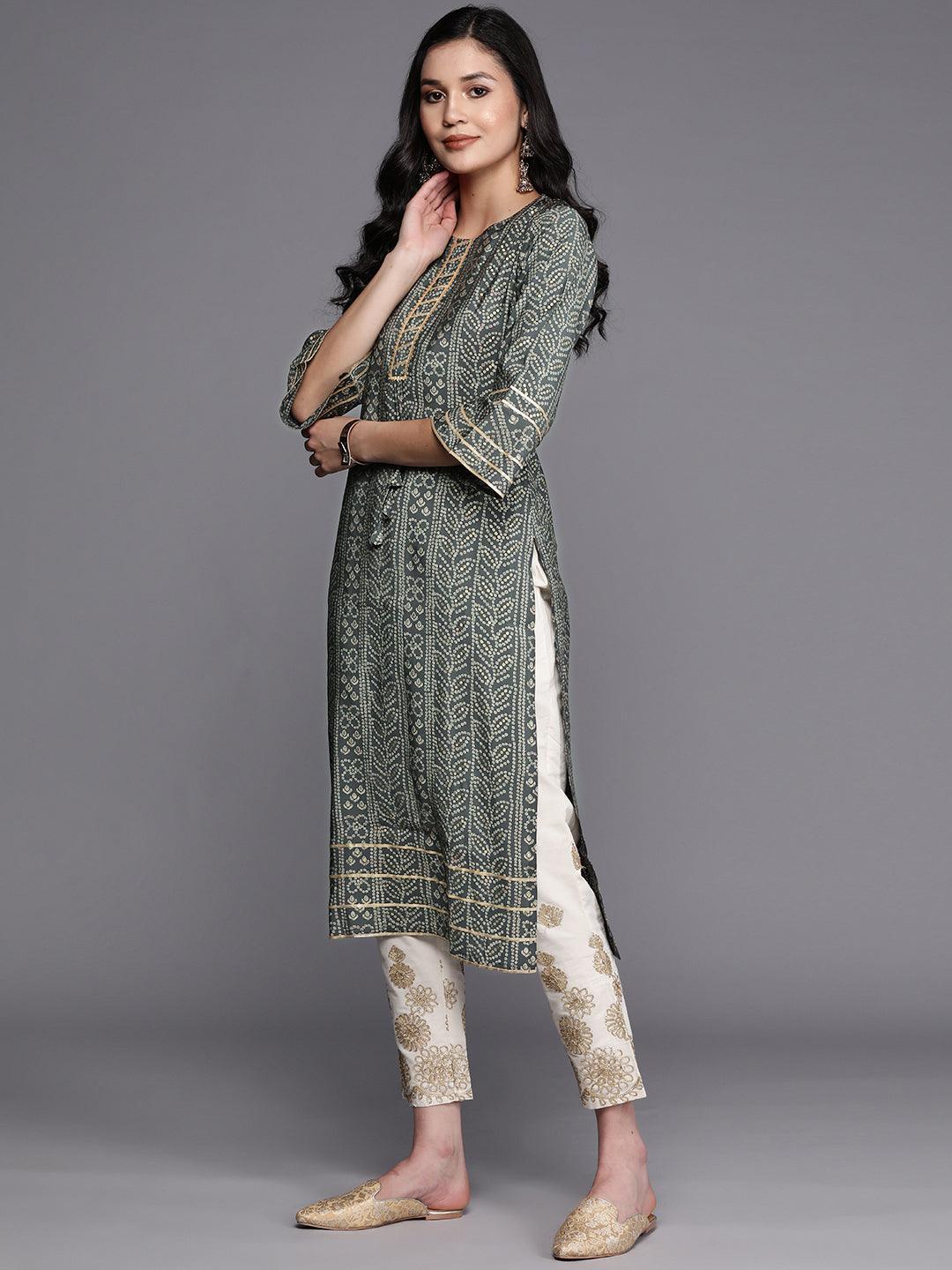 Grey Printed Silk Straight Kurta