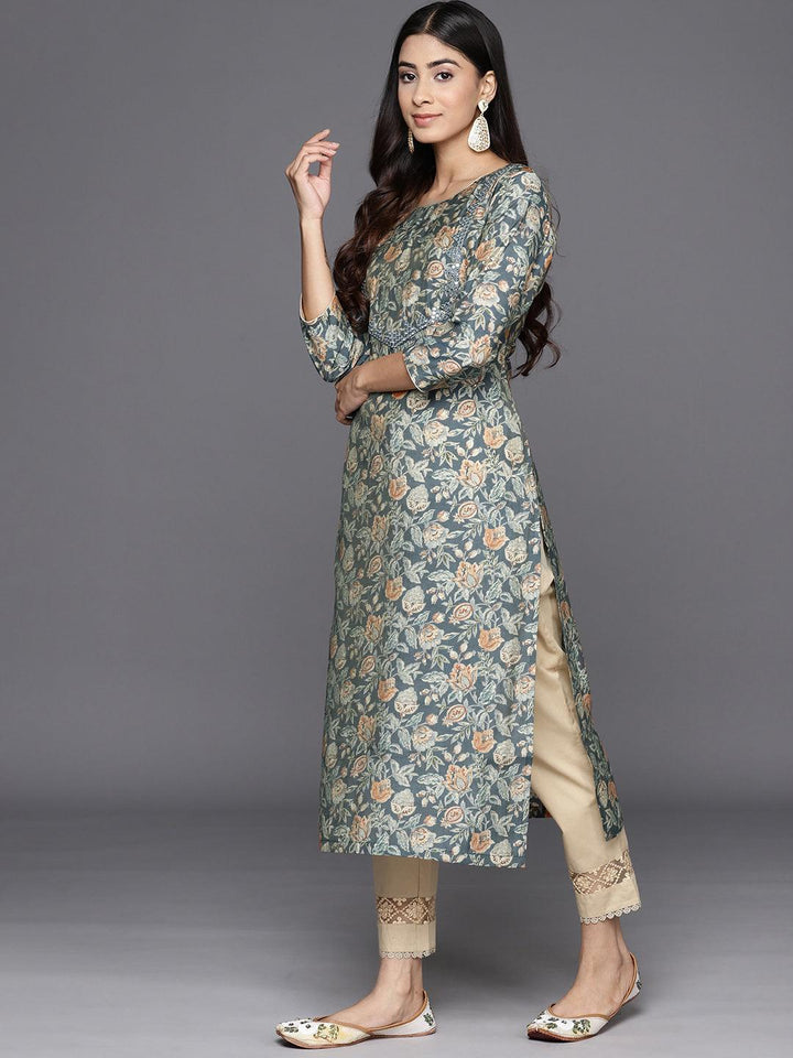 Grey Printed Silk Straight Kurta - Libas